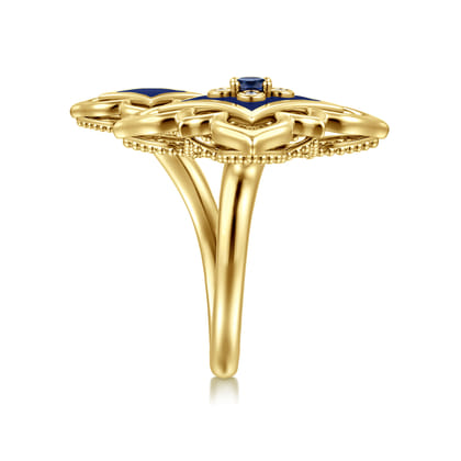 Byzantine Flower - 18K Yellow Gold Diamond and Blue Sapphire Floral Open Ring with Chrome Blue Enamel