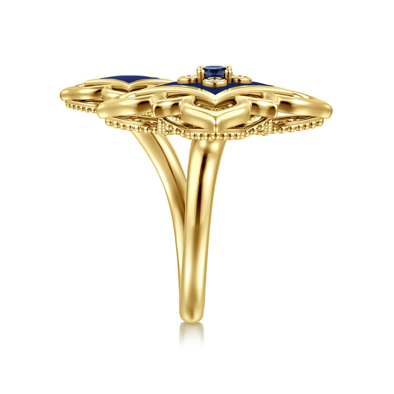 Byzantine Flower - 18K Yellow Gold Diamond and Blue Sapphire Floral Open Ring with Chrome Blue Enamel - 0.04 ct - Shot 4