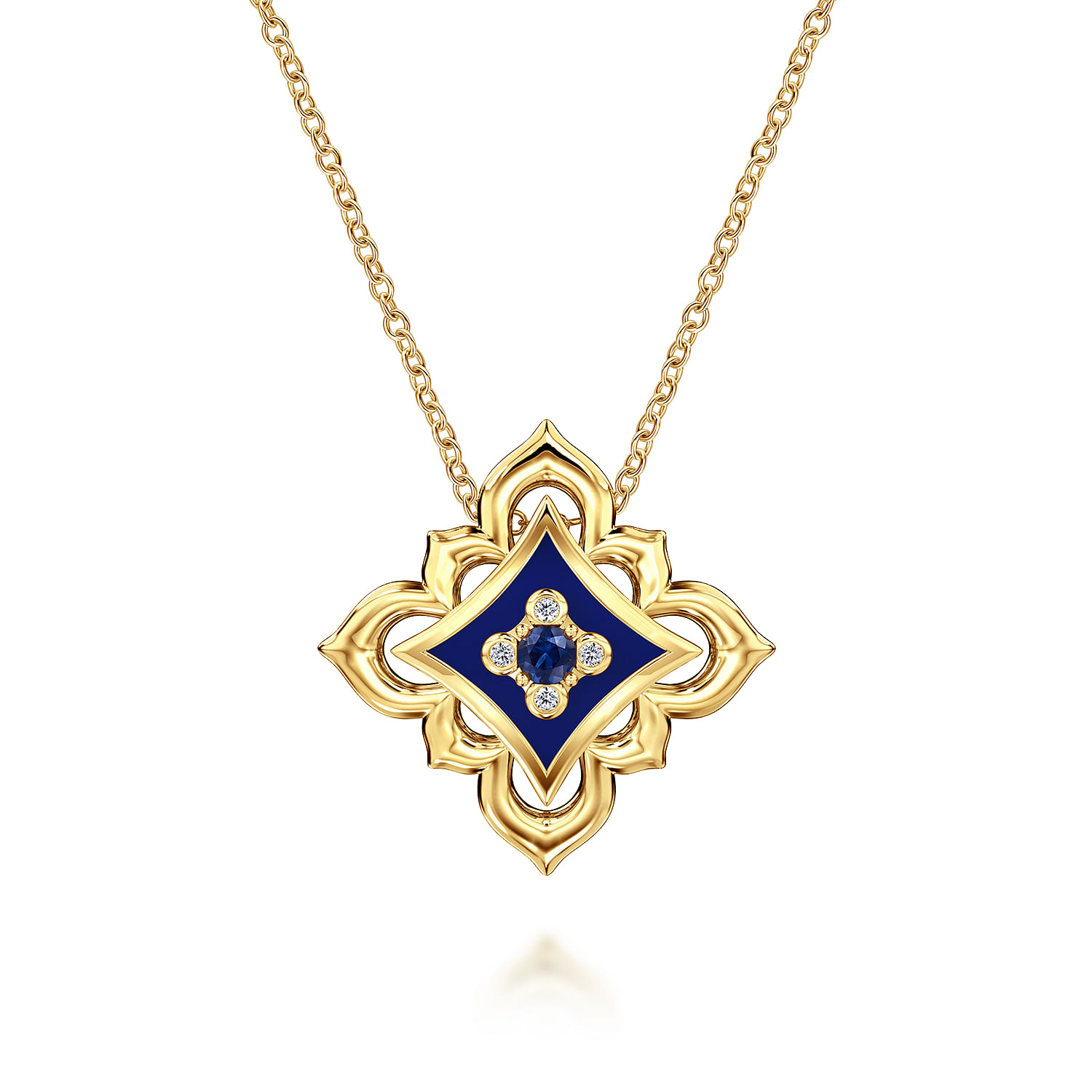Byzantine Flower - 18K Yellow Gold Diamond and Blue Sapphire Floral Pendant Necklace with Chrome Blue Enamel