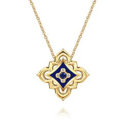 18K Yellow Gold Diamond and Blue Sapphire Floral Pendant Necklace with Chrome Blue Enamel
