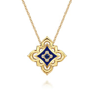 Byzantine Flower - 18K Yellow Gold Diamond and Blue Sapphire Floral Pendant Necklace with Chrome Blue Enamel