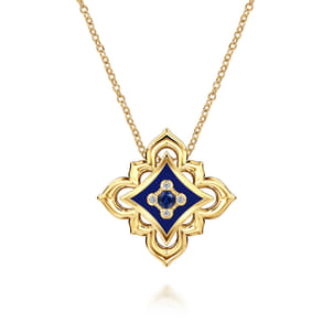Byzantine Flower - 18K Yellow Gold Diamond and Blue Sapphire Floral Pendant Necklace with Chrome Blue Enamel