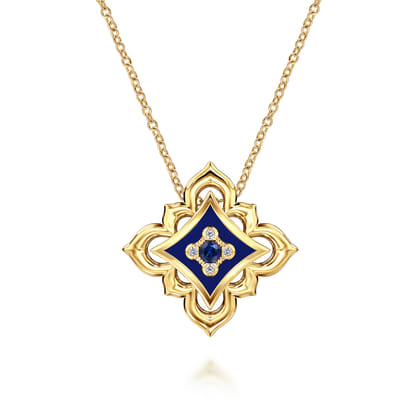 Byzantine Flower - 18K Yellow Gold Diamond and Blue Sapphire Floral Pendant Necklace with Chrome Blue Enamel