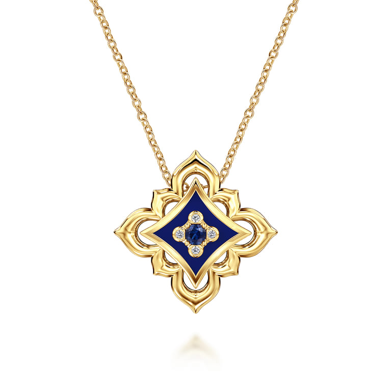 Byzantine Flower - 18K Yellow Gold Diamond and Blue Sapphire Floral Pendant Necklace with Chrome Blue Enamel - 0.06 ct - Shot 1