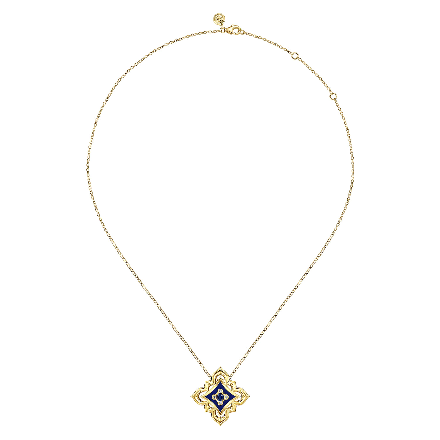 Byzantine Flower - 18K Yellow Gold Diamond and Blue Sapphire Floral Pendant Necklace with Chrome Blue Enamel