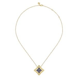 Byzantine Flower - 18K Yellow Gold Diamond and Blue Sapphire Floral Pendant Necklace with Chrome Blue Enamel
