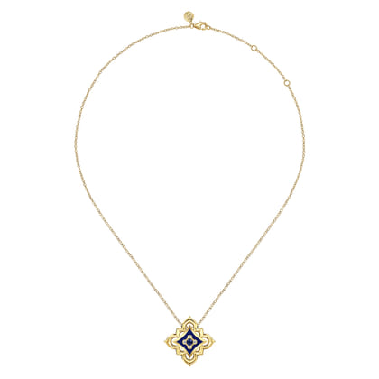 Byzantine Flower - 18K Yellow Gold Diamond and Blue Sapphire Floral Pendant Necklace with Chrome Blue Enamel