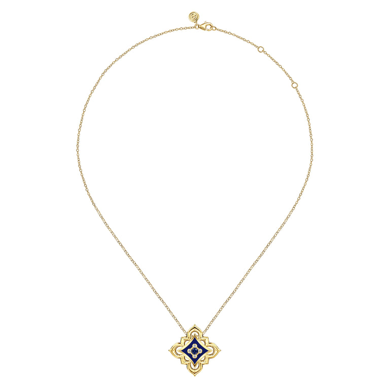 Byzantine Flower - 18K Yellow Gold Diamond and Blue Sapphire Floral Pendant Necklace with Chrome Blue Enamel - 0.06 ct - Shot 2