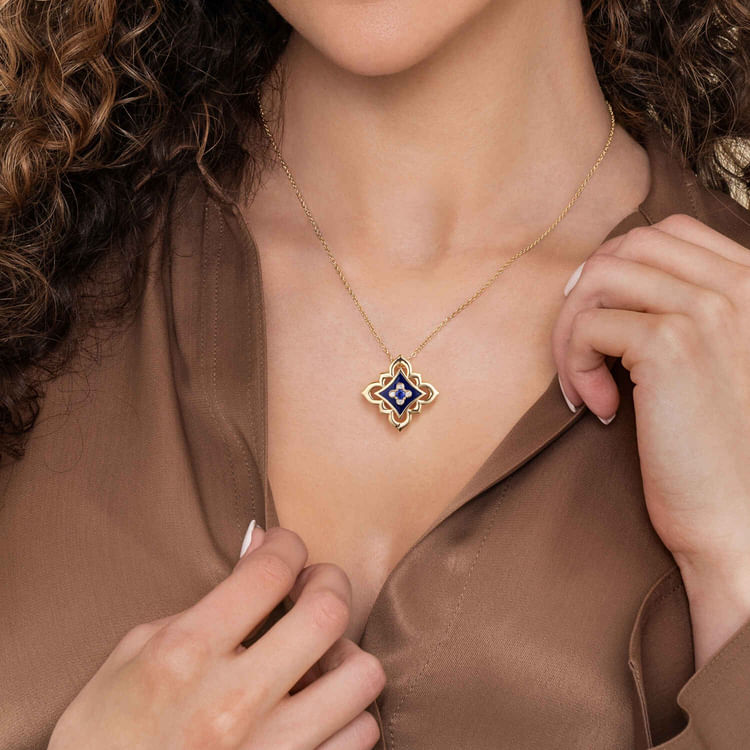 Byzantine Flower - 18K Yellow Gold Diamond and Blue Sapphire Floral Pendant Necklace with Chrome Blue Enamel