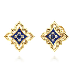 18K Yellow Gold Diamond and Blue Sapphire Floral Stud Earrings with Chrome Blue Enamel