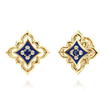 Byzantine Flower - 18K Yellow Gold Diamond and Blue Sapphire Floral Stud Earrings with Chrome Blue Enamel