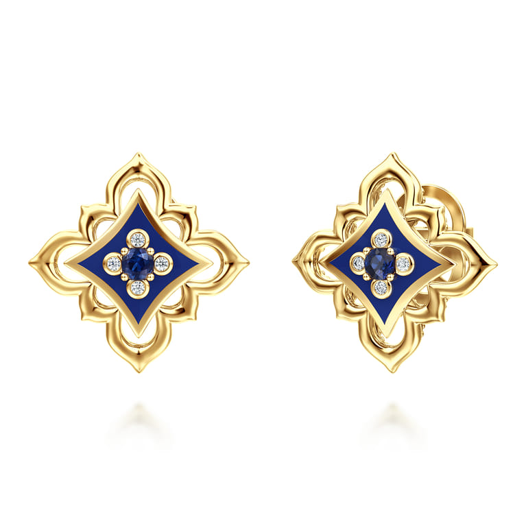 Byzantine Flower - 18K Yellow Gold Diamond and Blue Sapphire Floral Stud Earrings with Chrome Blue Enamel - 0.08 ct - Shot 1
