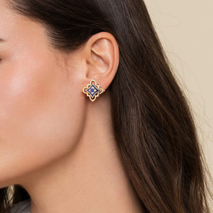 Byzantine Flower - 18K Yellow Gold Diamond and Blue Sapphire Floral Stud Earrings with Chrome Blue Enamel