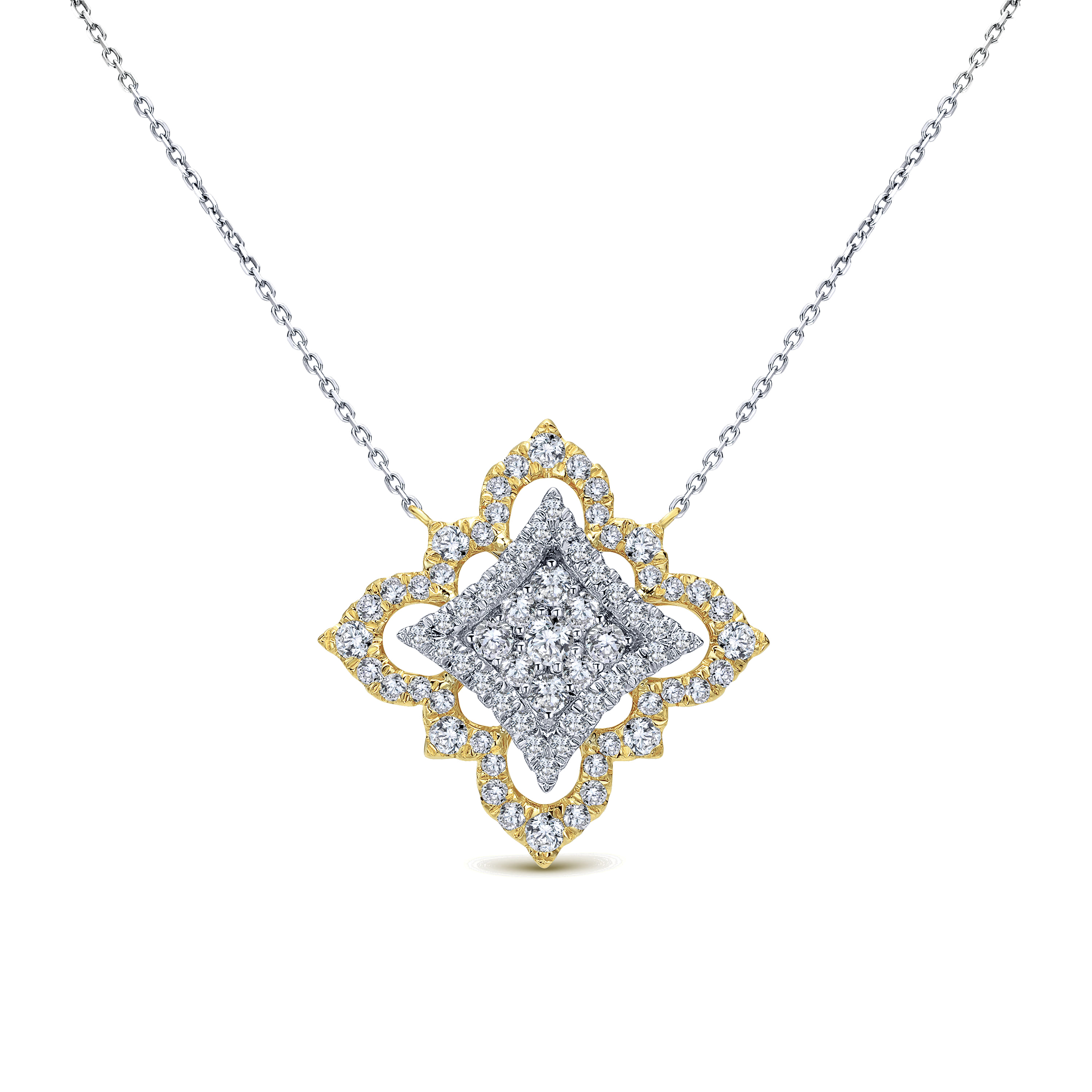 Byzantine Flower - 18K Yellow White Gold Pave Diamond Floral Pendant Necklace