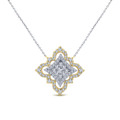 Byzantine Flower - 18K Yellow White Gold Pave Diamond Floral Pendant Necklace