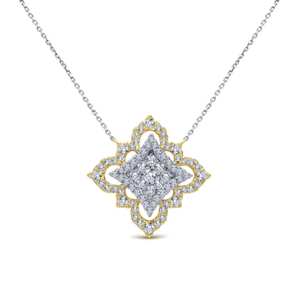 Byzantine Flower - 18K Yellow White Gold Pave Diamond Floral Pendant Necklace