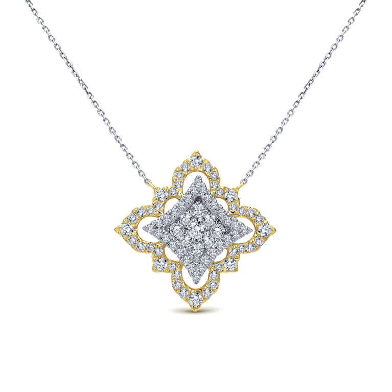 Byzantine Flower - 18K Yellow White Gold Pave Diamond Floral Pendant Necklace - 1.65 ct - Shot 1