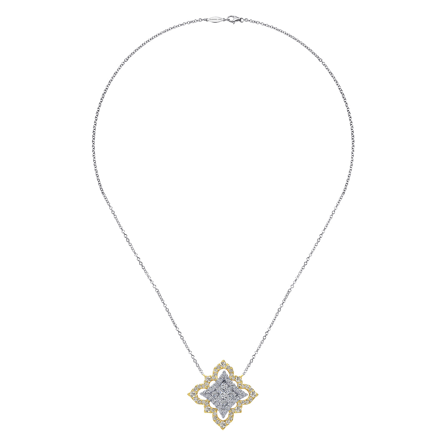 Byzantine Flower - 18K Yellow White Gold Pave Diamond Floral Pendant Necklace