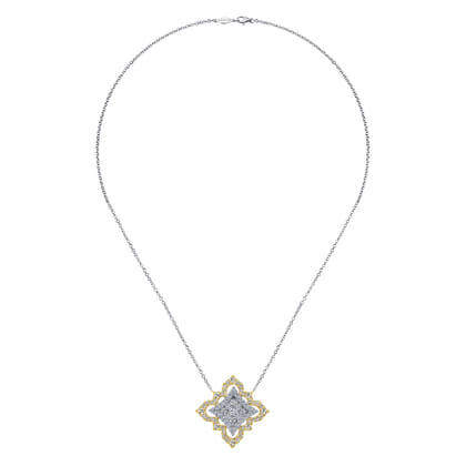 Byzantine Flower - 18K Yellow White Gold Pave Diamond Floral Pendant Necklace
