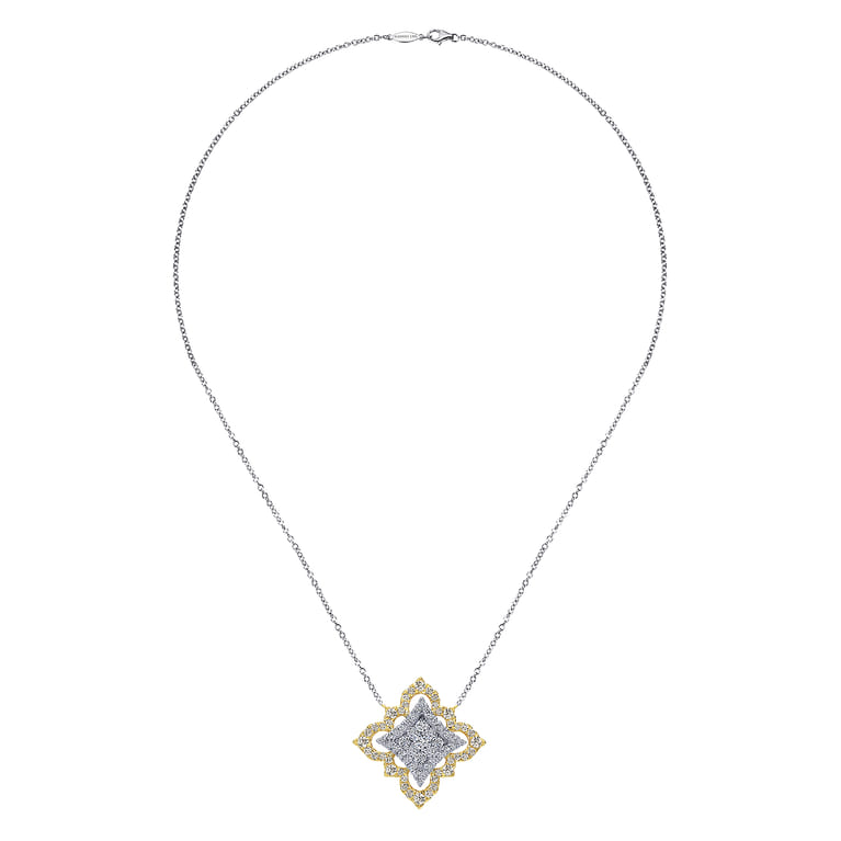 Byzantine Flower - 18K Yellow White Gold Pave Diamond Floral Pendant Necklace - 1.65 ct - Shot 2