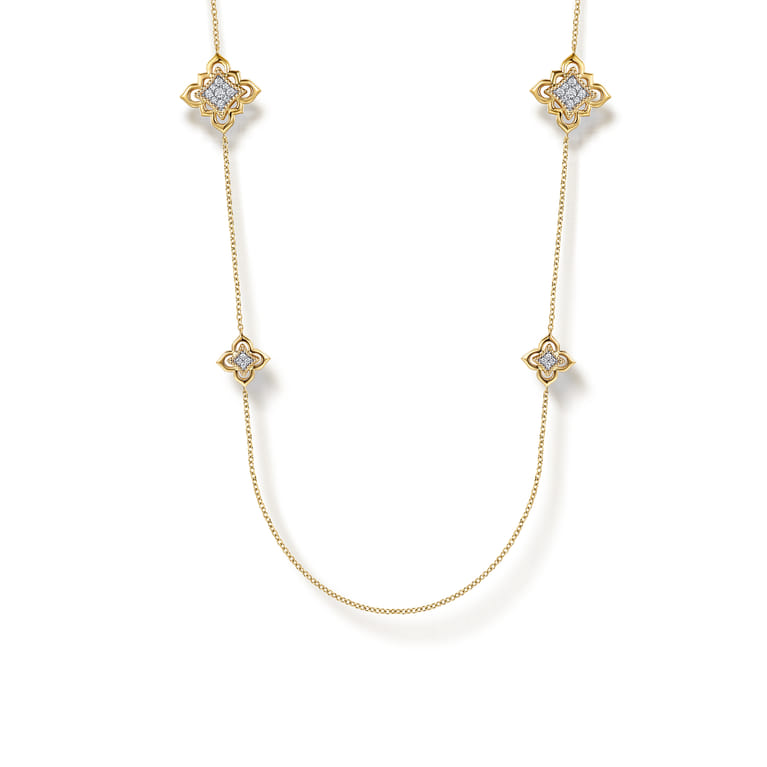 Byzantine Flower - 32 Inch 18K Yellow Gold Bujukan and Diamond Floral Station Necklace - 1.52 ct - Shot 1