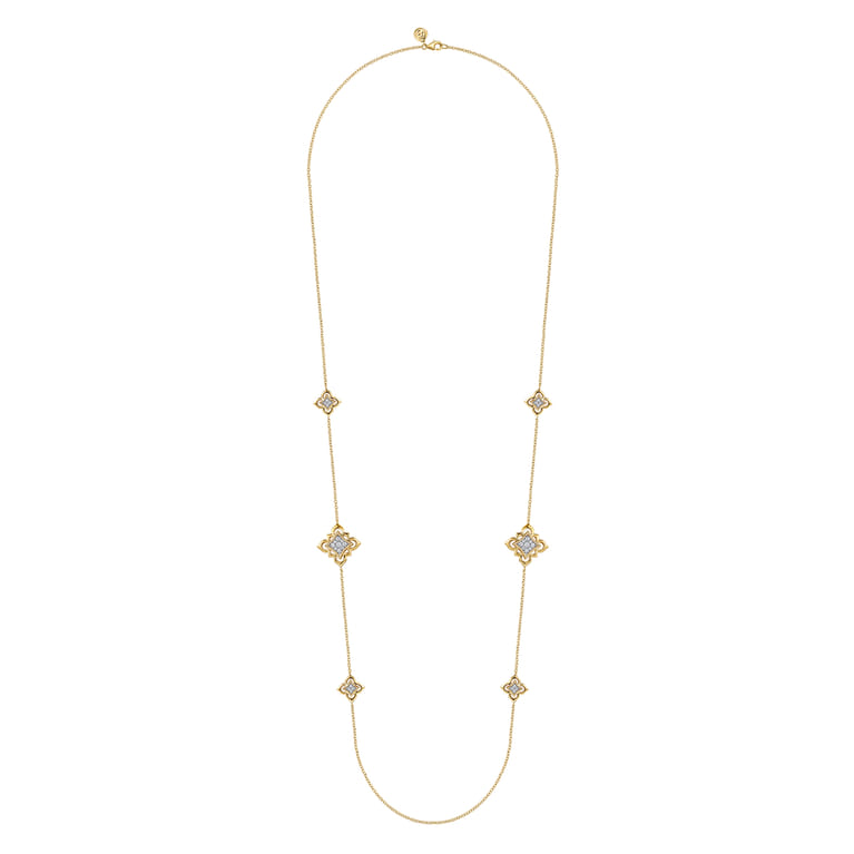Byzantine Flower - 32 Inch 18K Yellow Gold Bujukan and Diamond Floral Station Necklace - 1.52 ct - Shot 2
