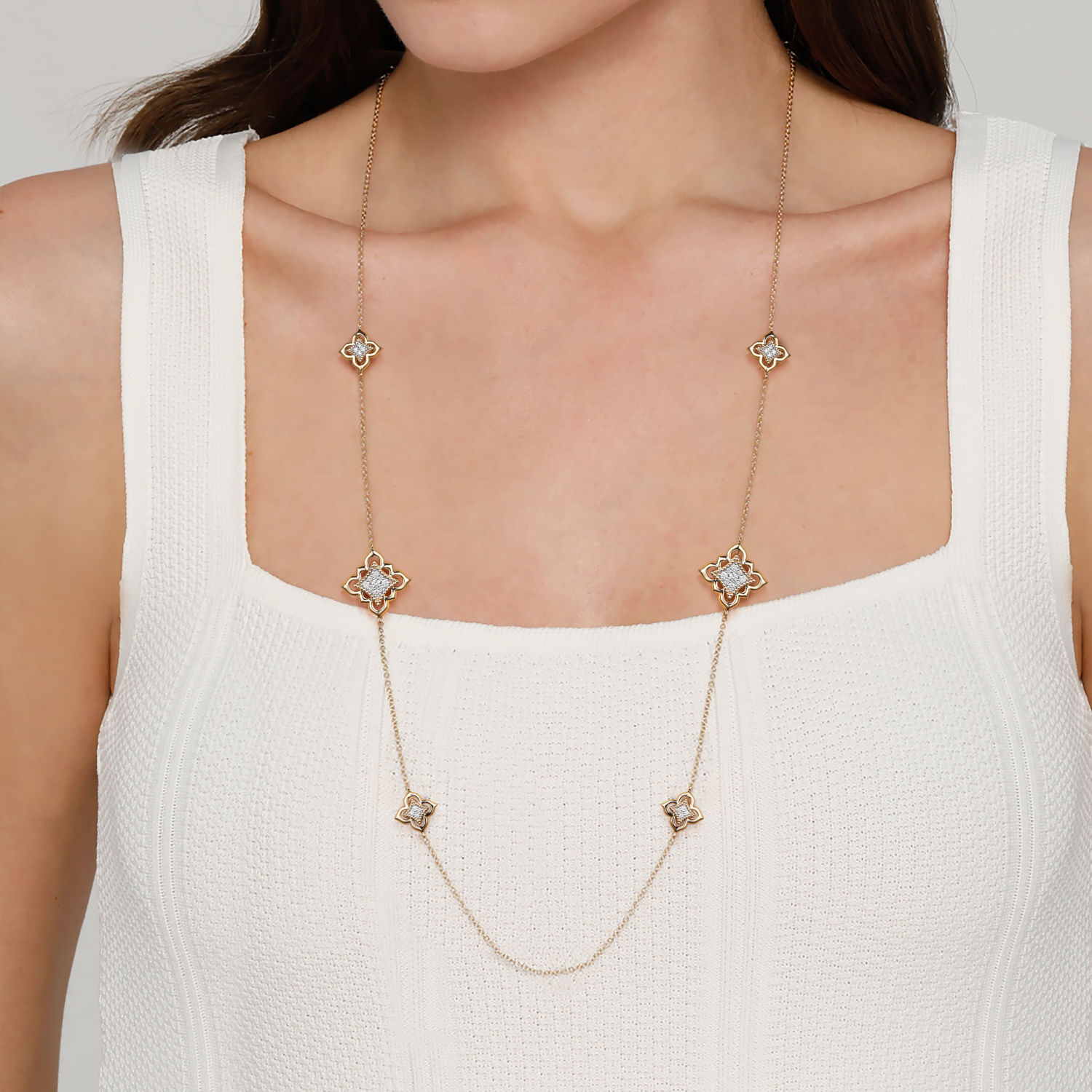 Byzantine Flower - 32 Inch 18K Yellow Gold Bujukan and Diamond Floral Station Necklace