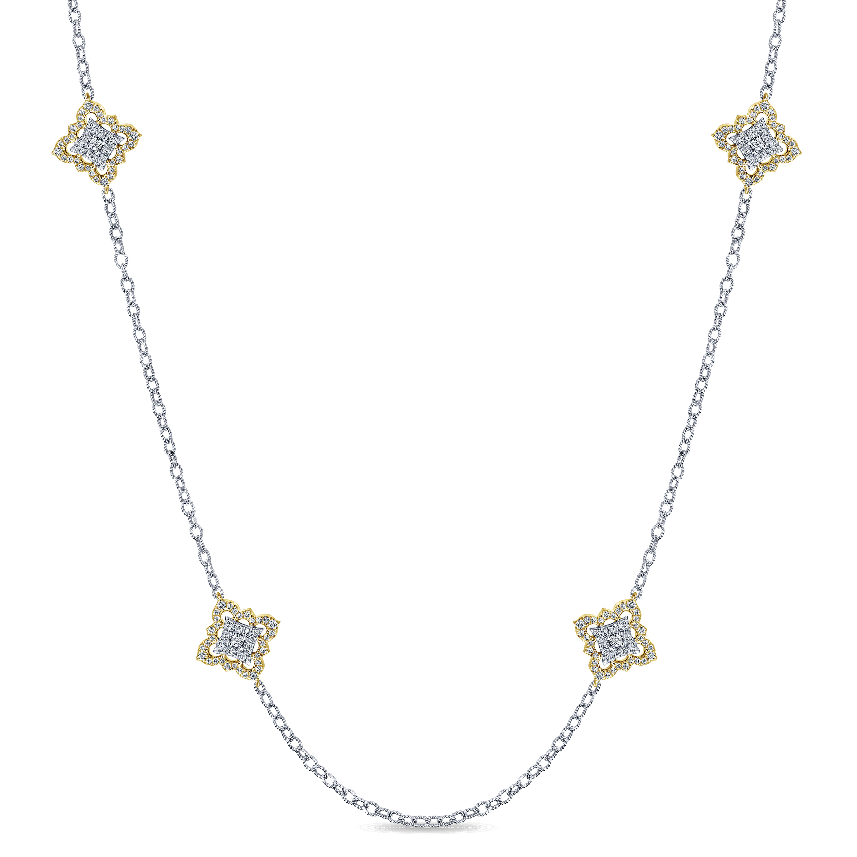 Byzantine Flower - 32 inch 18K Yellow and White Gold Filligree and Diamond Station Necklace