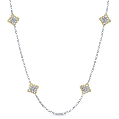 Byzantine Flower - 32 inch 18K Yellow and White Gold Filligree and Diamond Station Necklace