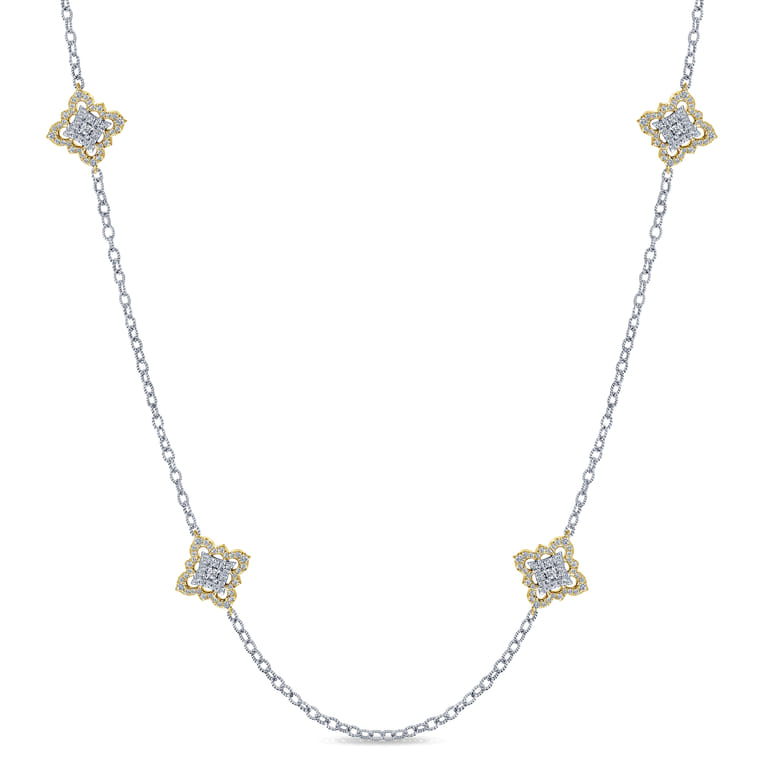 Byzantine Flower - 32 inch 18K Yellow and White Gold Filligree and Diamond Station Necklace - 3.39 ct - Shot 1