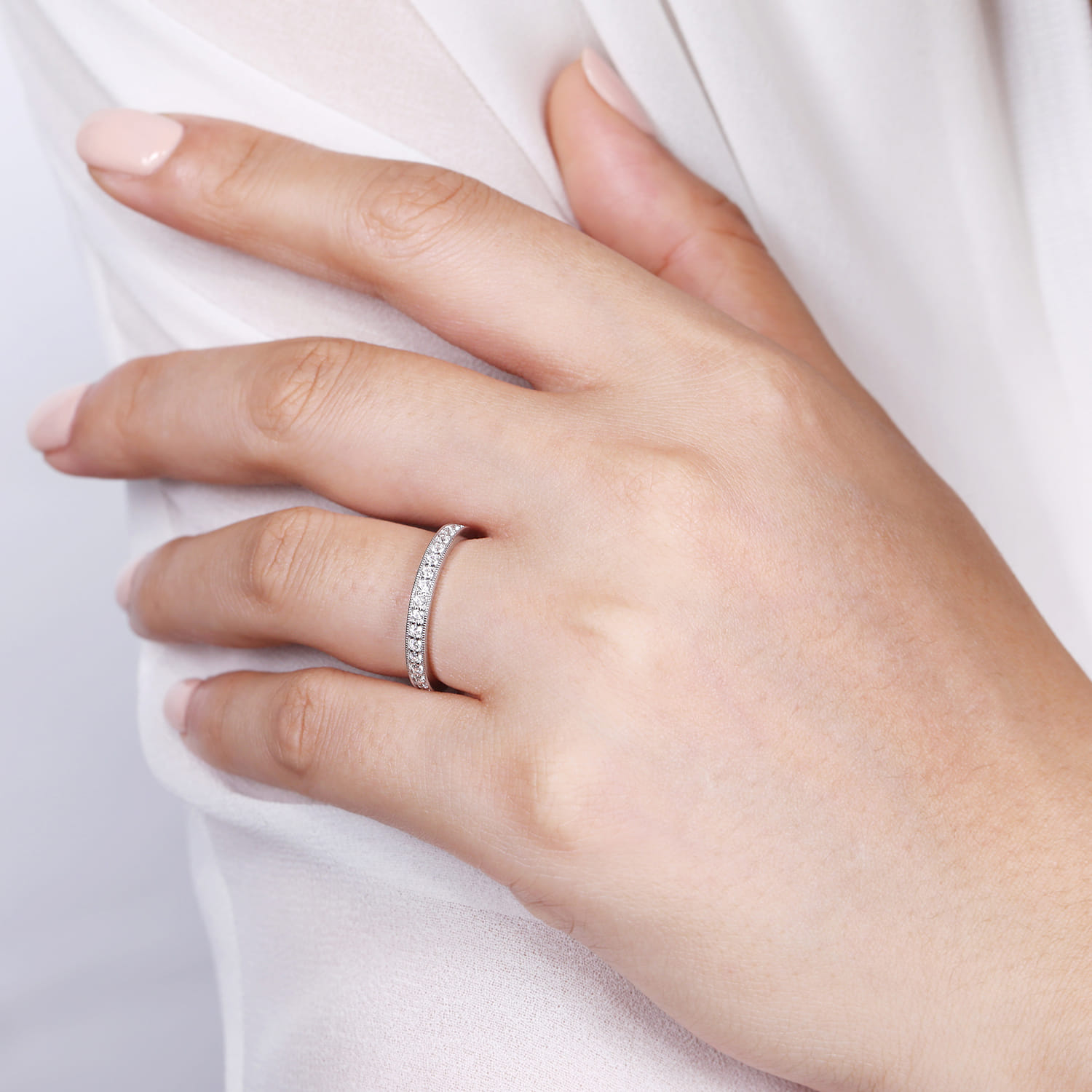 Straight Wedding Ring in 14k White Gold with Round Natural Diamond at Gabriel & Co. - Shot 5