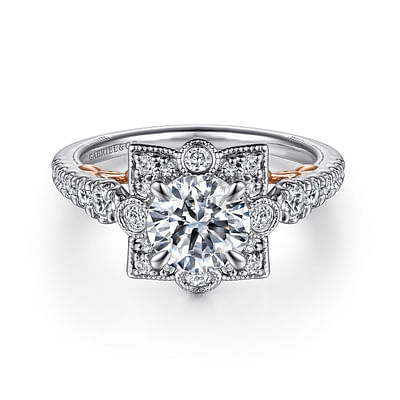 Calandra - 14K White-Rose Gold Fancy Halo Round Diamond Engagement Ring
