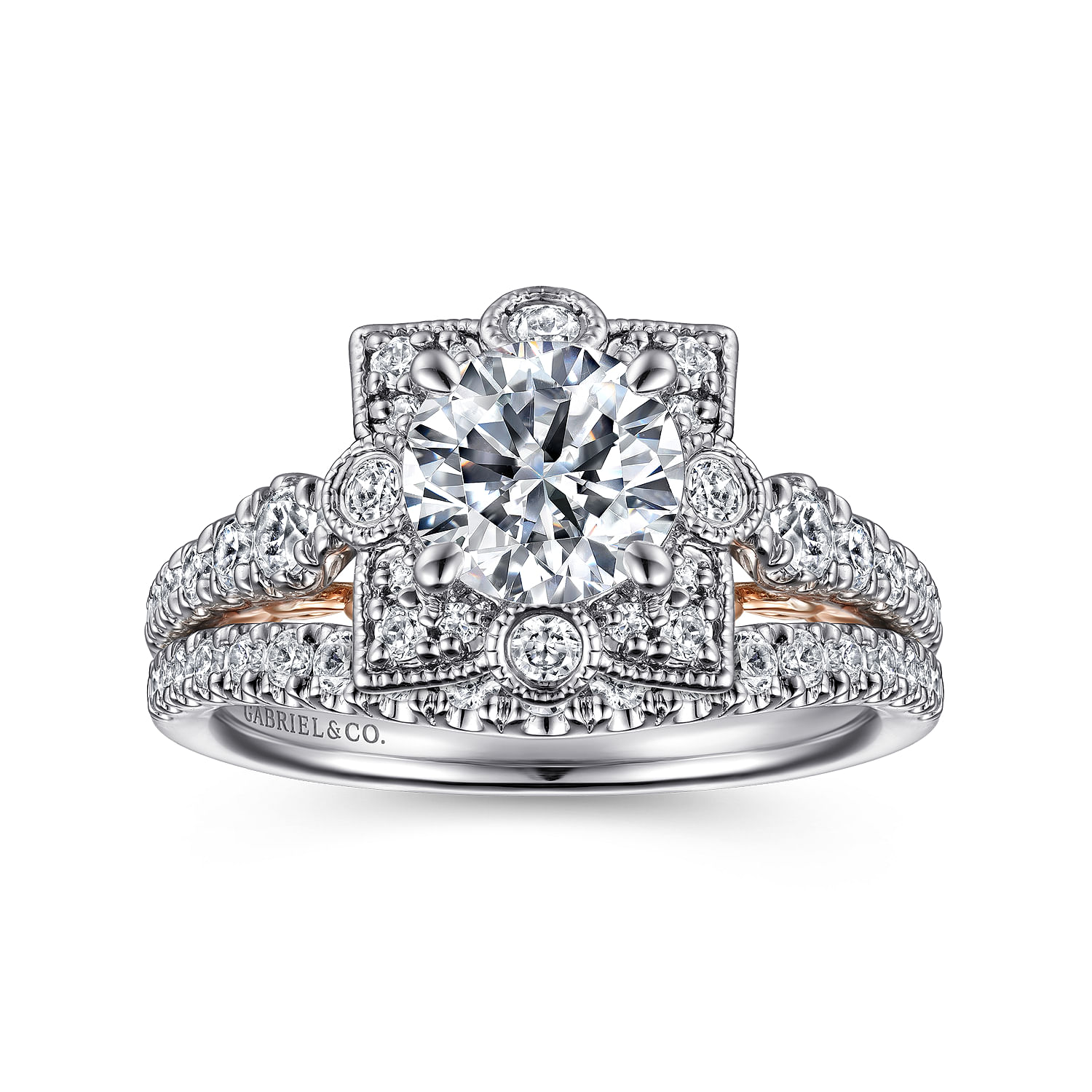 Calandra - 14K White-Rose Gold Fancy Halo Round Diamond Engagement Ring
