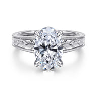 Caltha - Vintage Inspired 14K White Gold Oval Solitaire Diamond Engagement Ring