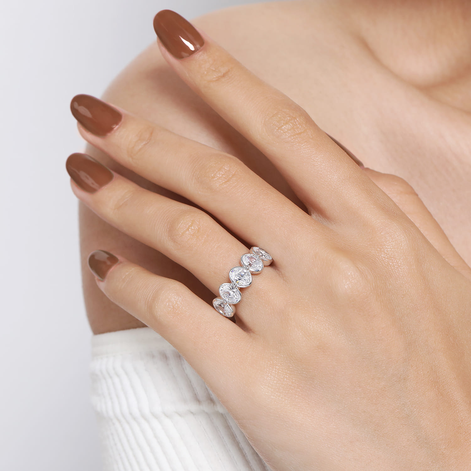 Fancy Wedding Ring in 14k White Gold with Oval Natural Diamond at Gabriel & Co. - Shot 5