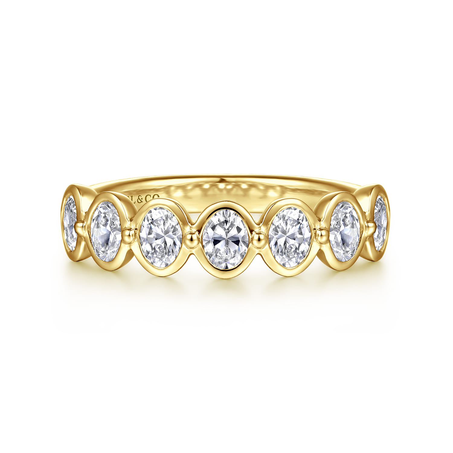 Straight Wedding Ring in 14k Yellow Gold with Oval Natural Diamond at Gabriel & Co. - Shot 1