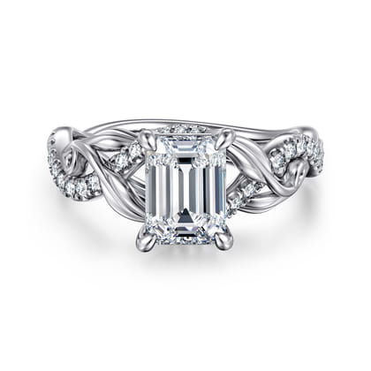 Camelia - 14K White Gold Floral Emerald Cut Diamond Engagement Ring
