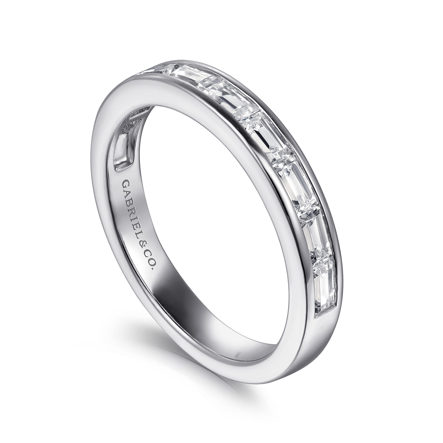 Straight Wedding Ring in 14k White Gold with Baguette Natural Diamond at Gabriel & Co. - Shot 3
