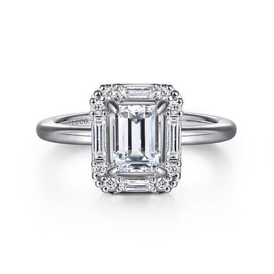 Cammie - Art Deco 14K White Gold Halo Emerald Cut Diamond Engagement Ring