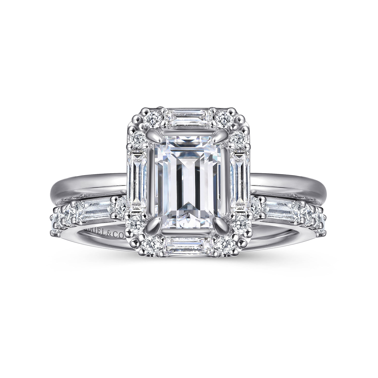 Cammie - Art Deco 14K White Gold Halo Emerald Cut Diamond Engagement Ring