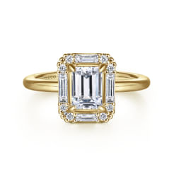 Art Deco 14K Yellow Gold Halo Emerald Cut Diamond Engagement Ring