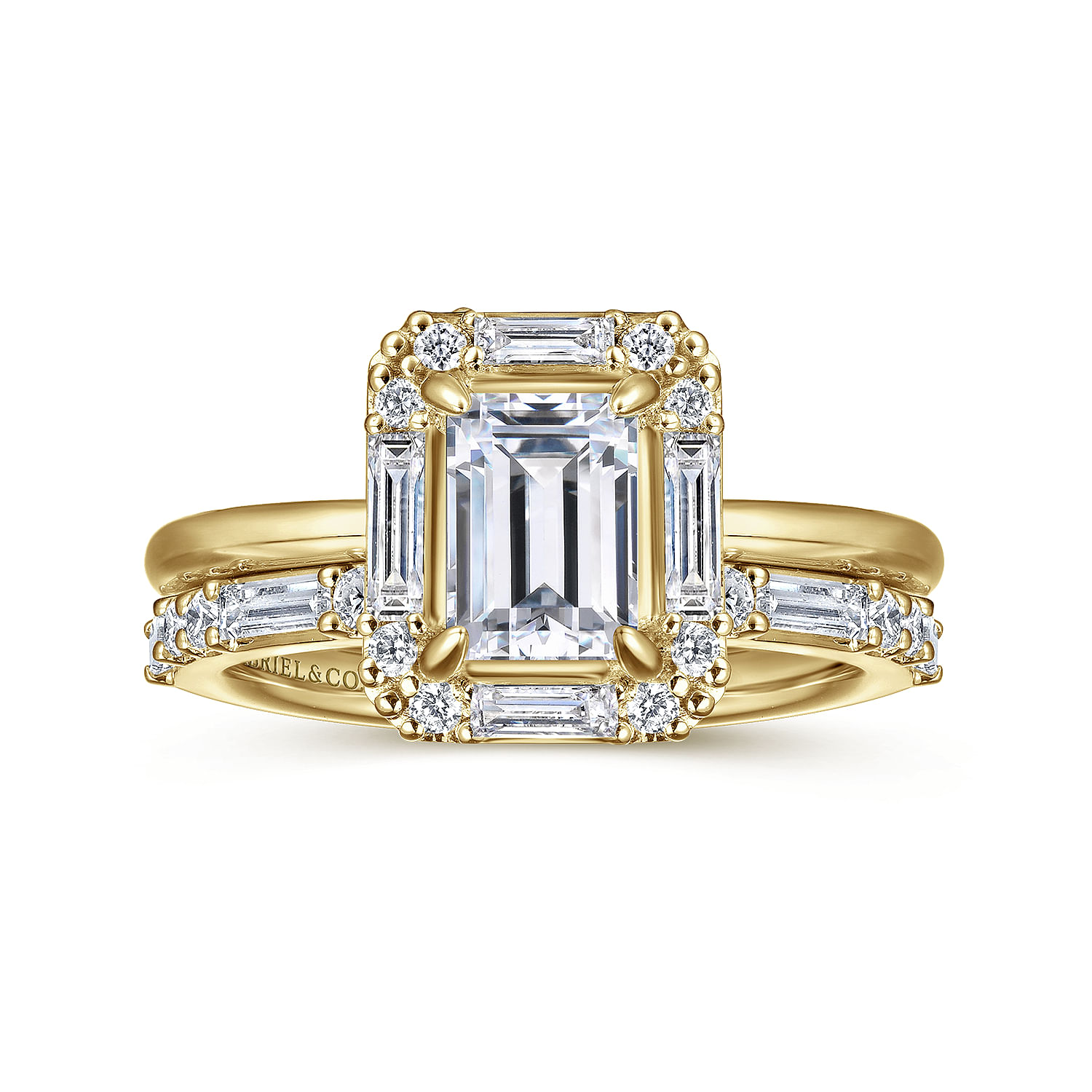 Cammie - Art Deco 14K Yellow Gold Halo Emerald Cut Diamond Engagement Ring