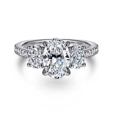 Camra - 14K White Gold Oval Three Stone Diamond Engagement Ring