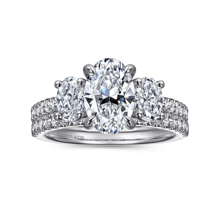 Camra - 14K White Gold Oval Three Stone Diamond Engagement Ring