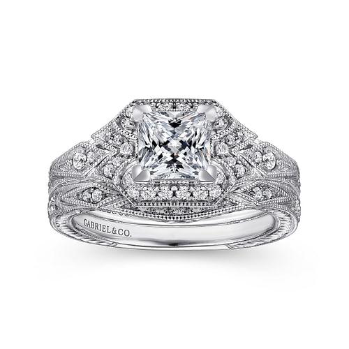 Capulet - Unique 14K White Gold Art Deco Princess Cut Halo Diamond Engagement Ring - 0.23 ct - Shot 4