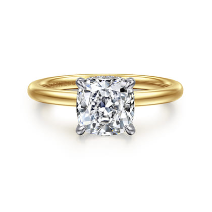 Cari - 14K White-Yellow Gold Hidden Halo Cushion Diamond Engagement Ring