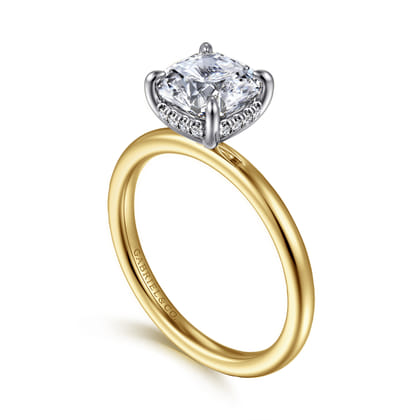 Cari - 14K White-Yellow Gold Hidden Halo Cushion Diamond Engagement Ring