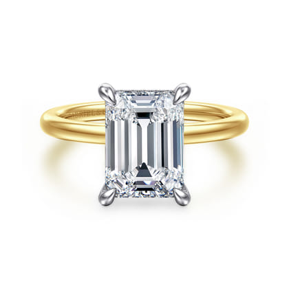 Cari - 14K White-Yellow Gold Hidden Halo Emerald Cut Diamond Engagement Ring