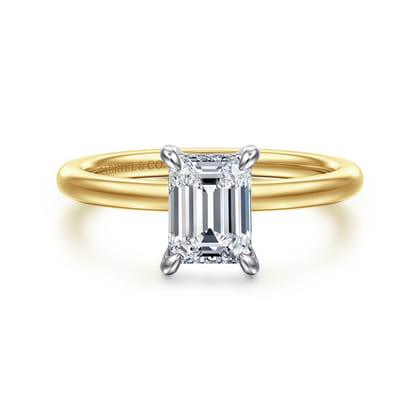 Cari - 14K White-Yellow Gold Hidden Halo Emerald Cut Diamond Engagement Ring