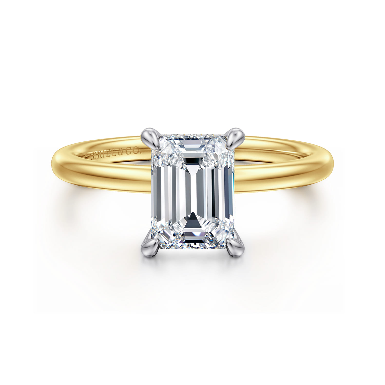 Cari - 14K White-Yellow Gold Hidden Halo Emerald Cut Diamond Engagement Ring
